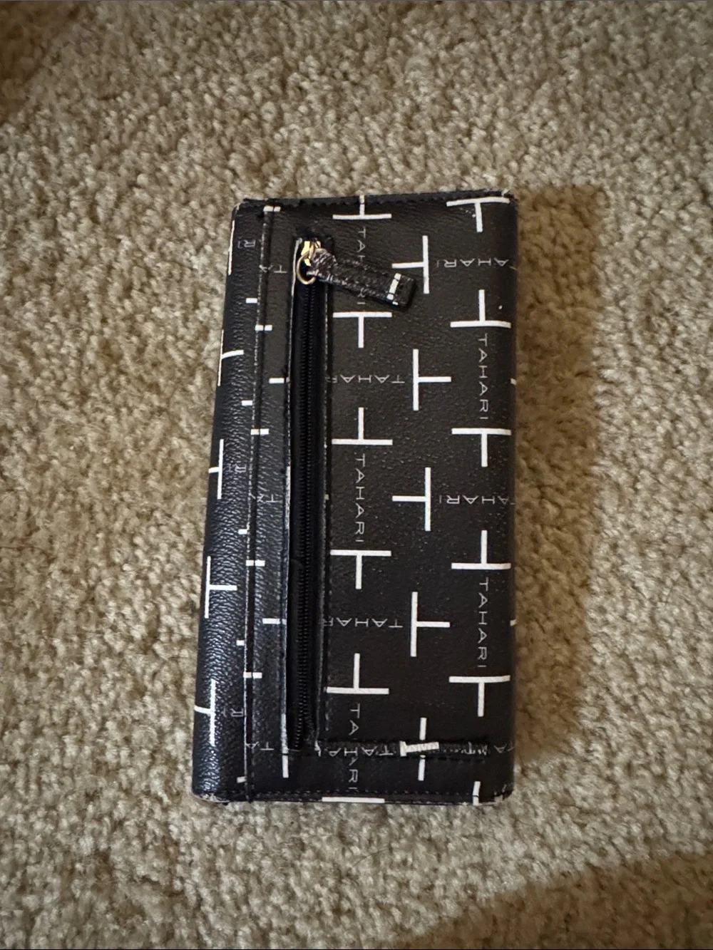 Tahari Black and White Logo Print Wallet with Gold Plaque